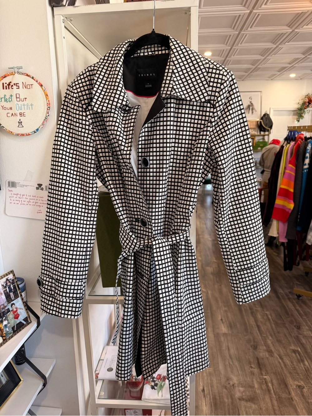 Tribal Black & White Checked Belted Trench